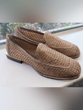 Vince Camuto Woven Straw Loafers in Natural Tan with Gold Accent